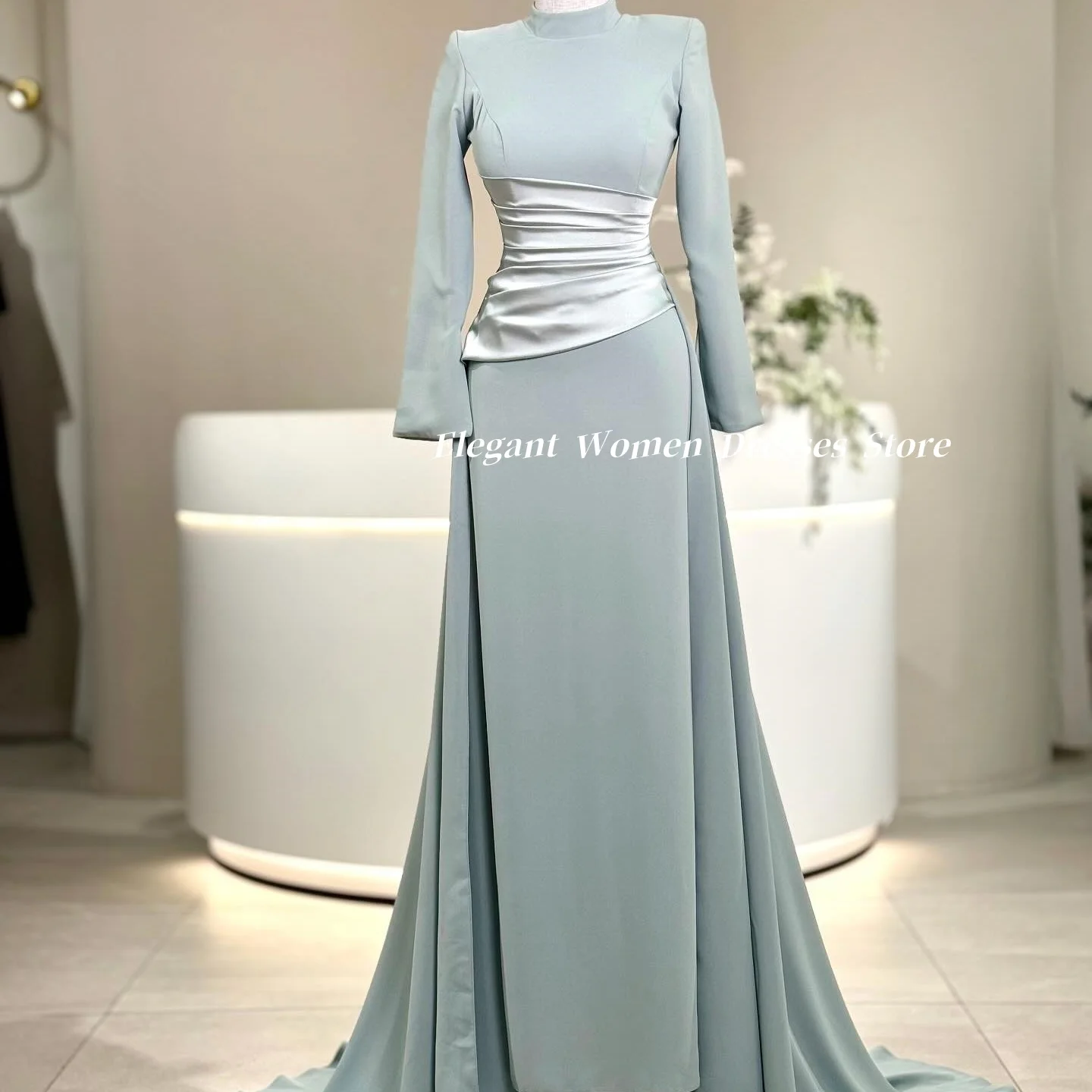 

Вечерние платья Slim Fit Mermaid с высоким воротом Небесно-голубые атласные вечерние платья Торжественные платья для выпускного вечера männ tipo فساتين سهره Индивидуальные