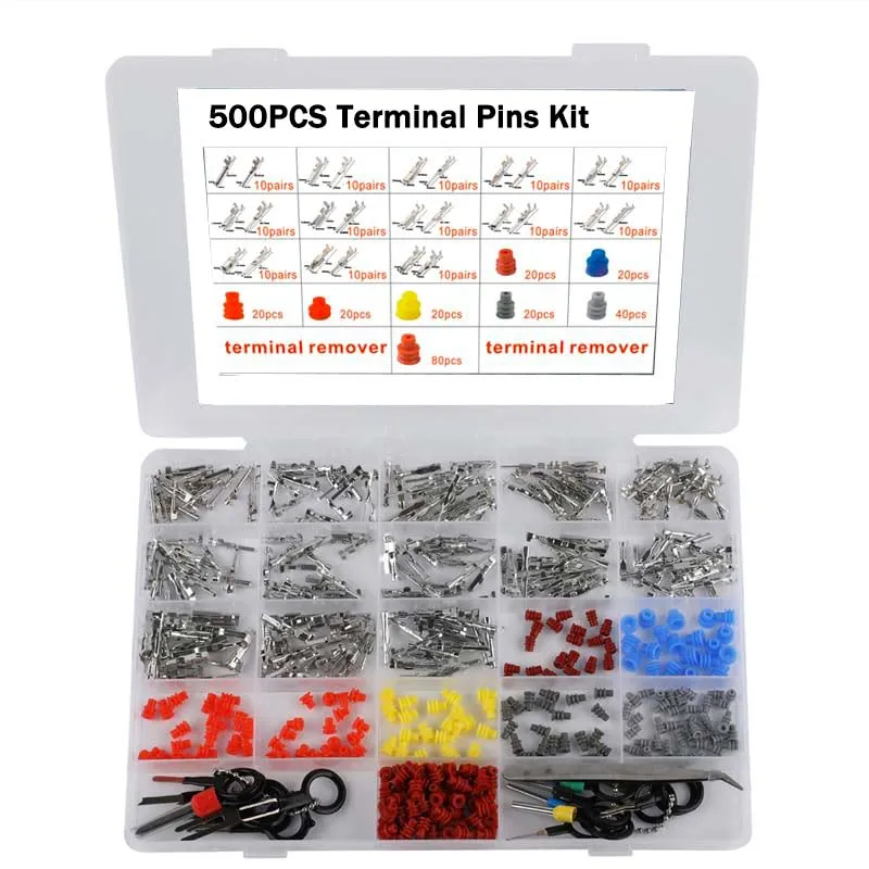 500Pcs Connector Kit Terminal Pin Automotive Car Electrical 1/1.5/1.8/2.2/2.8/3.5mm Male&Female Wire Pins,Seals,Removal Tool Kit