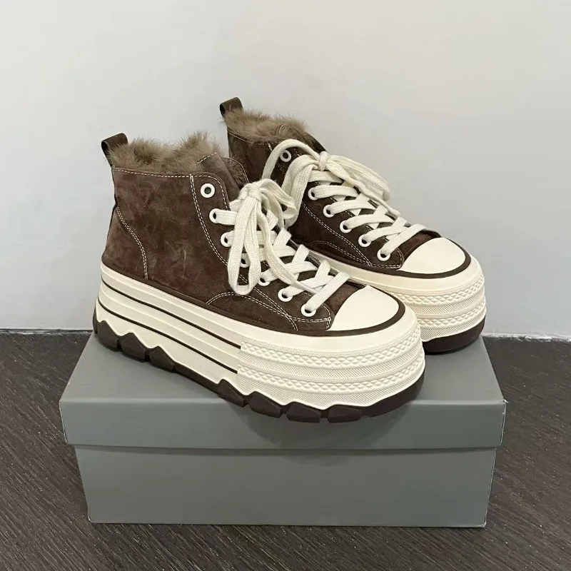 Winter pluche hoge laarzen voor dames konijnenbont hoge canvas schoenen voor dames Muffin Bottom verhoging dames boardschoenen