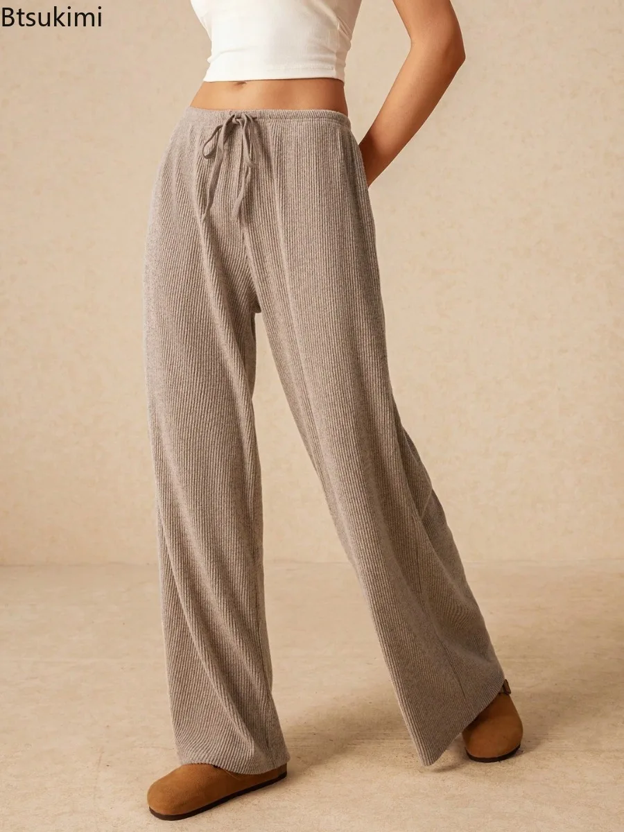 

2025 Women's Solid Color High Waisted Fashion Pants Fashionable Lace Up Straight Leg Wide Leg Pants Casual Loose Sports Trousers