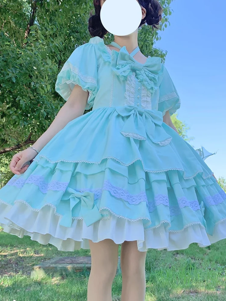 KIMOKOKM Summer Lolita Ruffled Lace Kawaii Square Collar Bow Puff Sleeve A-Line Princess Sweet Dress Japanese Tierred Dress