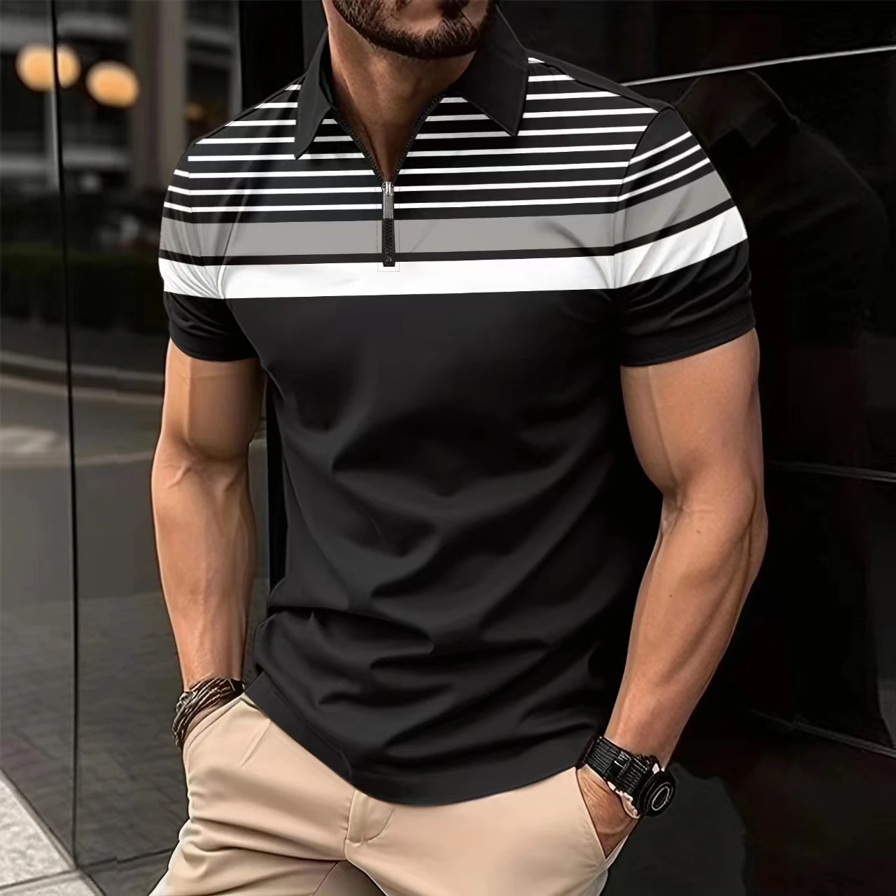 New Men's Polo Shirt 2024 Summer striped short sleeve T-shirt Casual business button up top T-shirt Fashion casual travel clothi