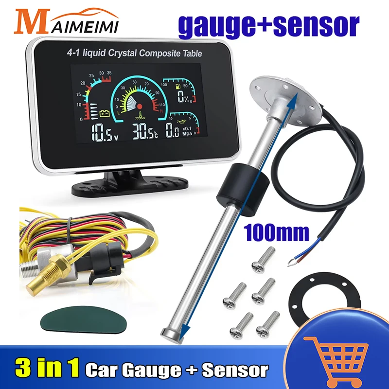 4 in 1 Auto Gauge Oil Pressure Water Temp Voltmeter Fuel Level Gauge with 0-190ohm Sensor LED Meter For Car Truck Boat 12V 24V