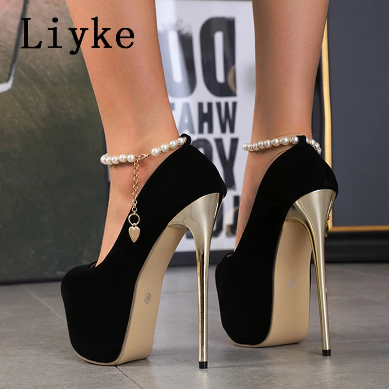 Liyke New Design String Bead Ankle Strap Platform Pumps Women Classic Black High Heels Fashion Round Toe Pole Dance Shoes Size42