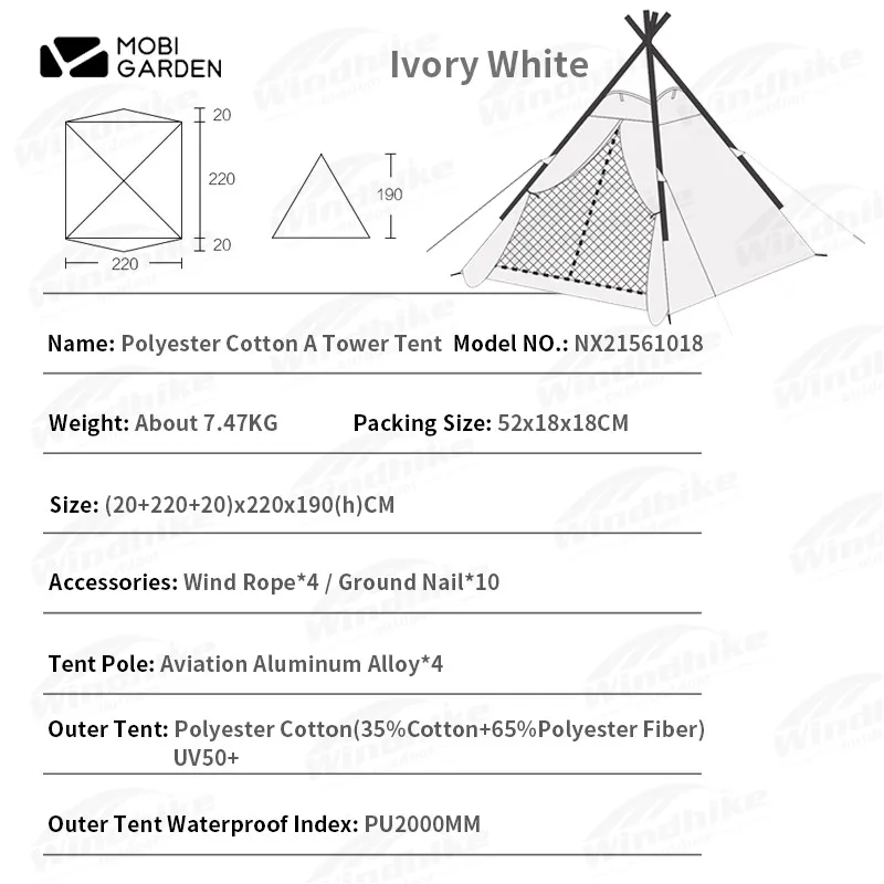 MOBI GARDEN Era Pyramid Tent 2-4 Person Cotton A-Tower Tent Large Waterproof Camping Travel Outdoor Double Door Breathable Tent