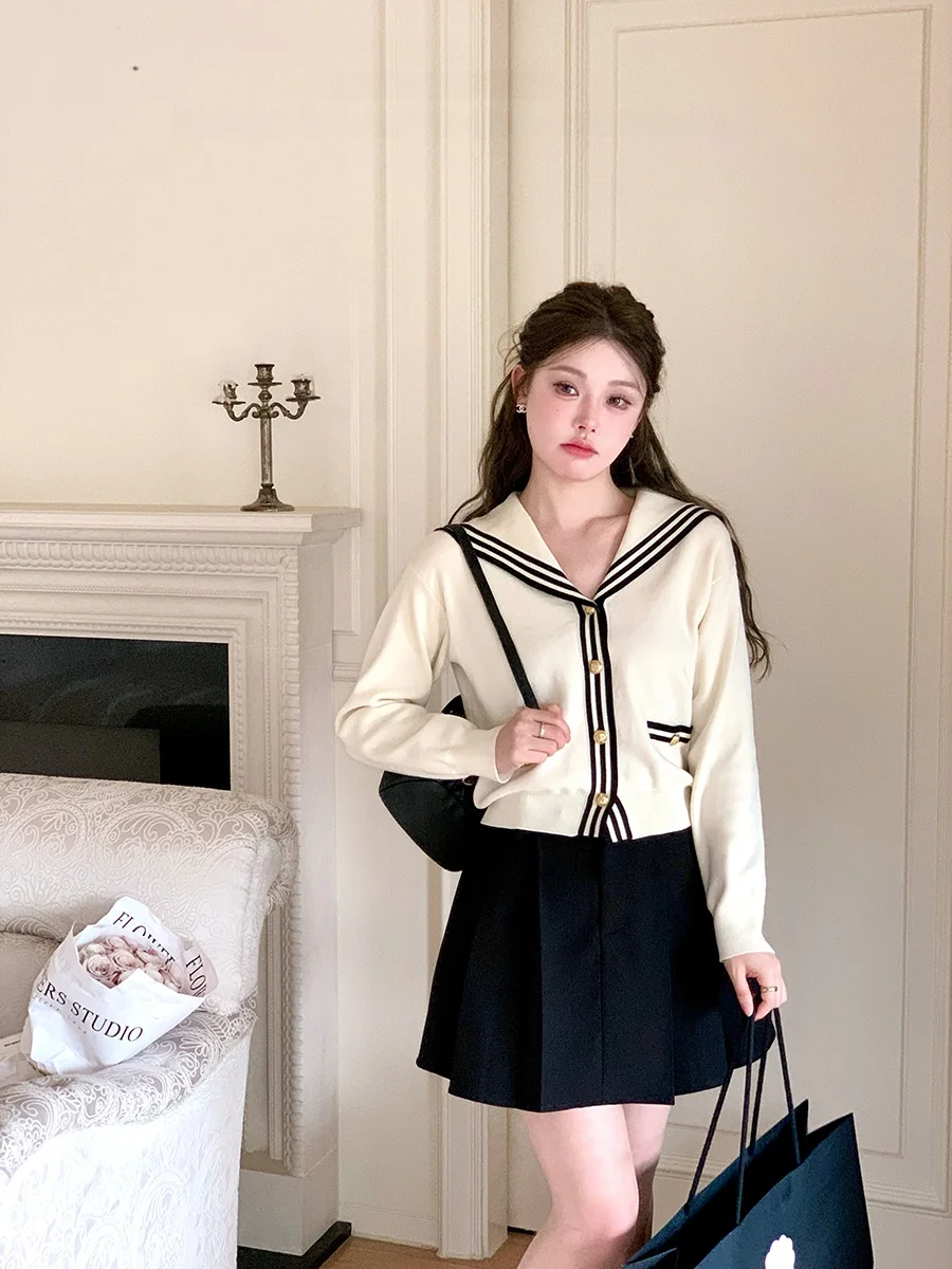 

Женский вязаный кардиган Miu Sle College Fashion с темно-синим воротником, дизайн с полосками, антивозрастной эффект, верхняя одежда, осенний, с длинными рукавами