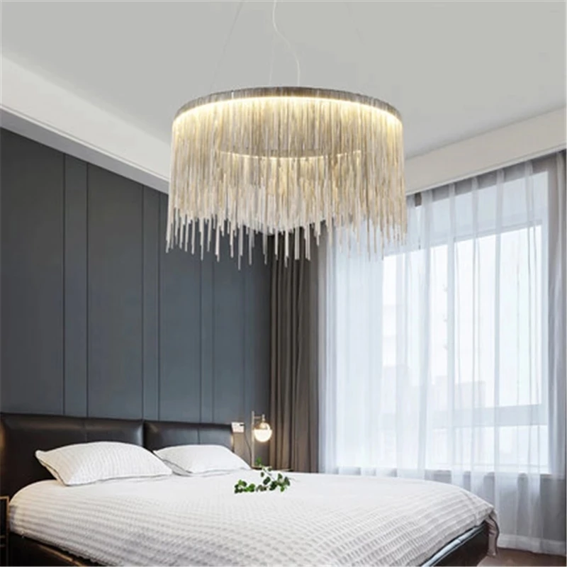 

Modern LED Chain Chandelier Nordic Tassel Hanging Lamp For Living Room Bedroom Hotel Shop Decor Aluminum Dining Table Chandelier