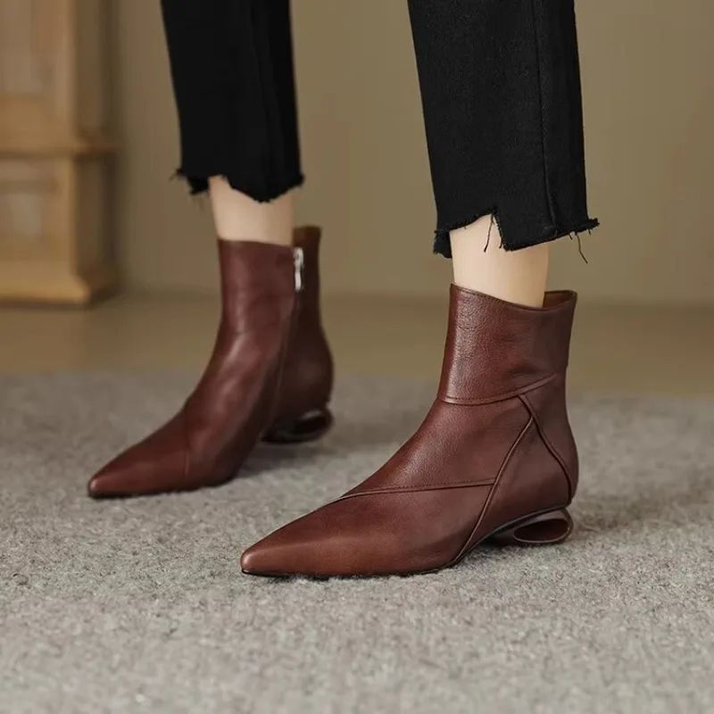 Fashion Retro Irregular Mid Heels Short Boots Womens Soft Leather Pointed Toe Side Zipper Modern Chelsea Boot Autumn Winter Shoe