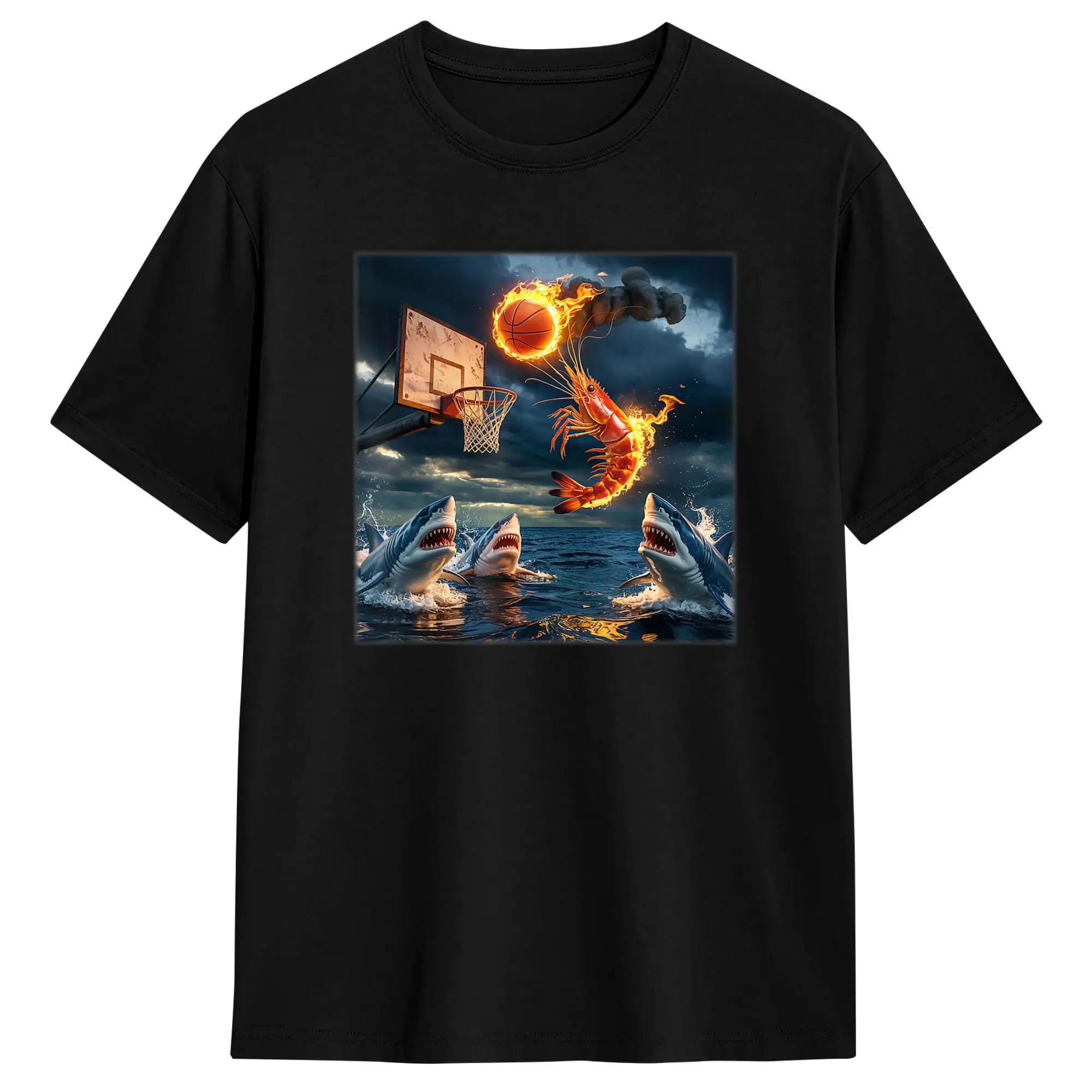 Shrimp Dunking On Shark Funny Fishing Meme T Shirt Summer  Y2K Basic T Shirt Pure Cotton Harajuku Tshirt For Men Casual Top Tees