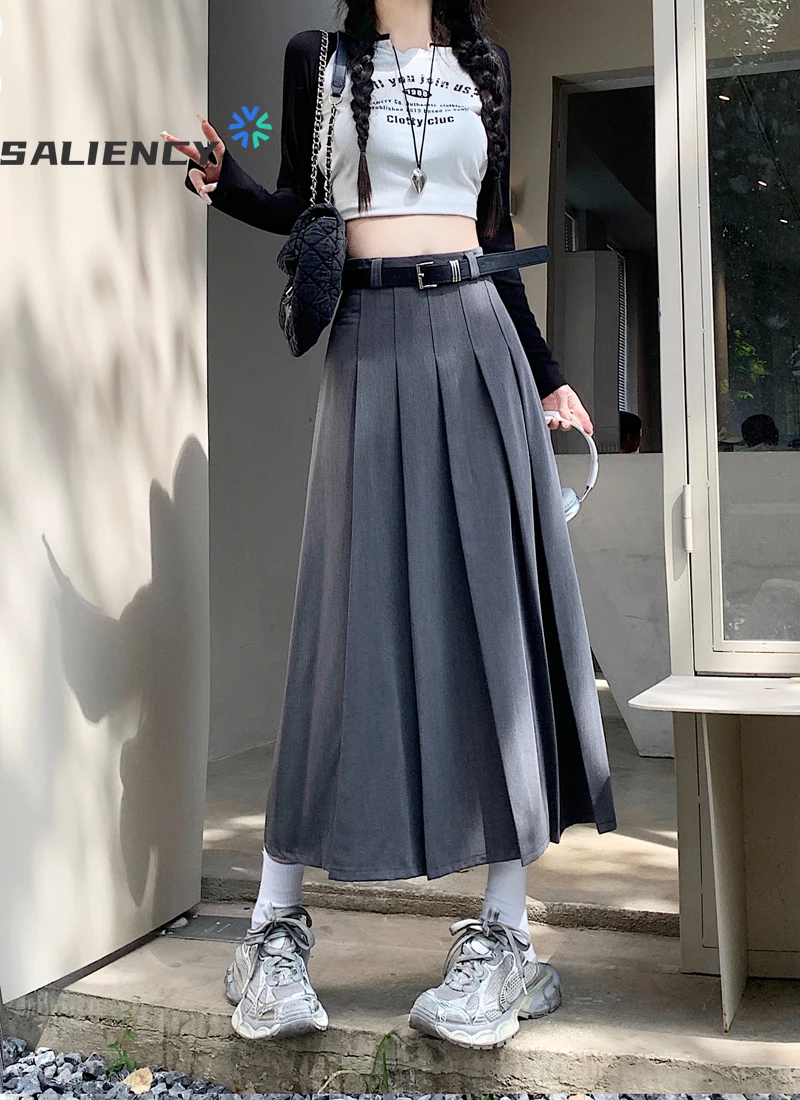 Korean Fashion Gray College Style Bustier Skirts for Girl Mid Long  High Waist A-line Skirt Umbrella Skirt Pleated Skirt