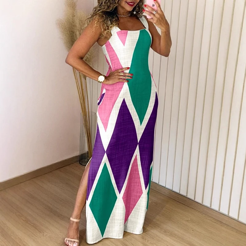 Verão nova moda vestidos femininos viajando casual gola quadrada sem mangas impressão geométrica fino ajuste fenda suspensórios vestido