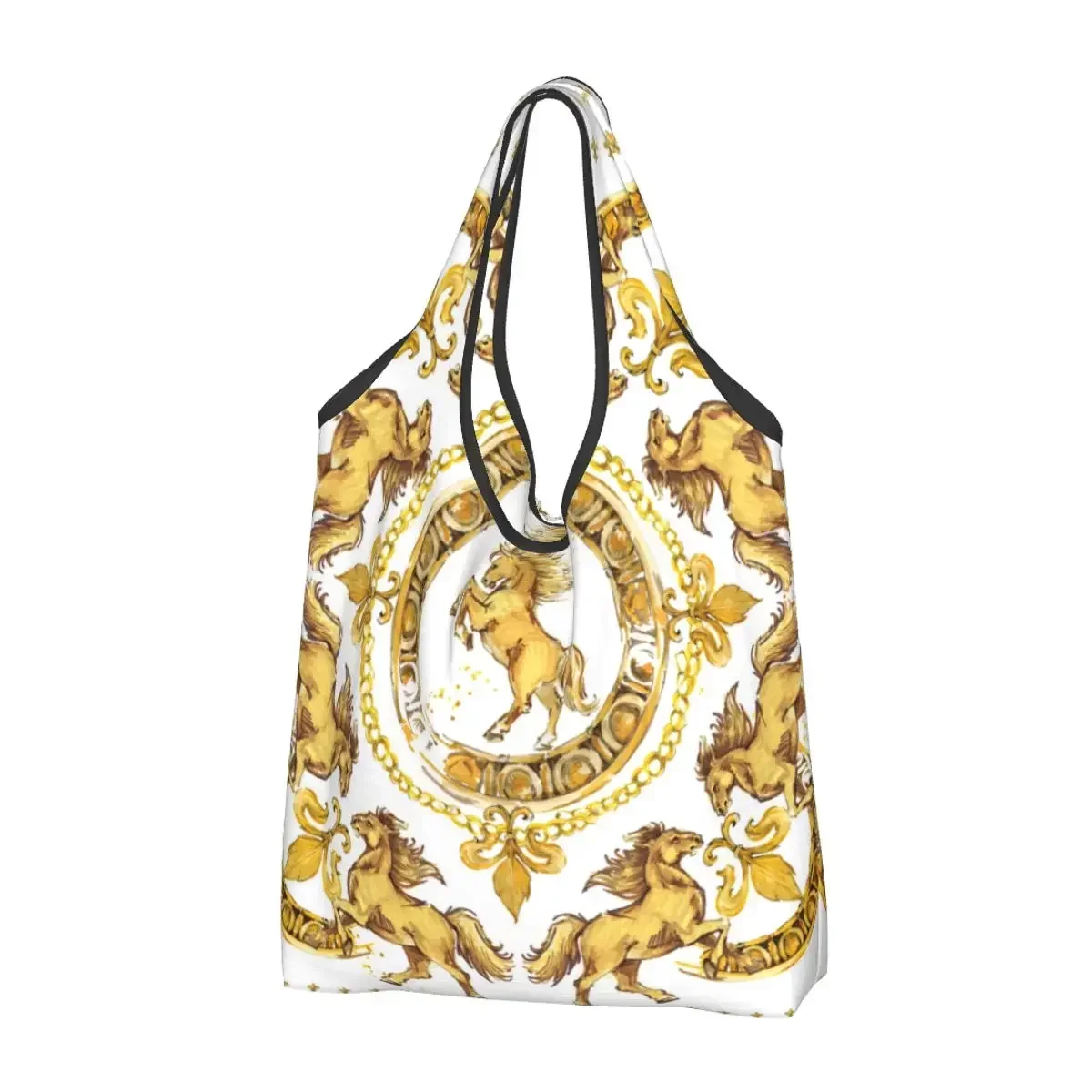 

Luxury Golden Horses European Floral Groceries Tote Shopping Bags Women Cute Shoulder Shopper Bag Large Capacity Handbags