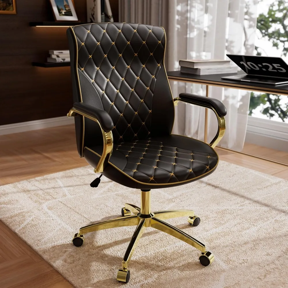 

Black and Gold Office Chair with Soft Leather Embroidery, Mid Back Vintage Swivel Executive Desk Chair with Wheels and Padded Ar