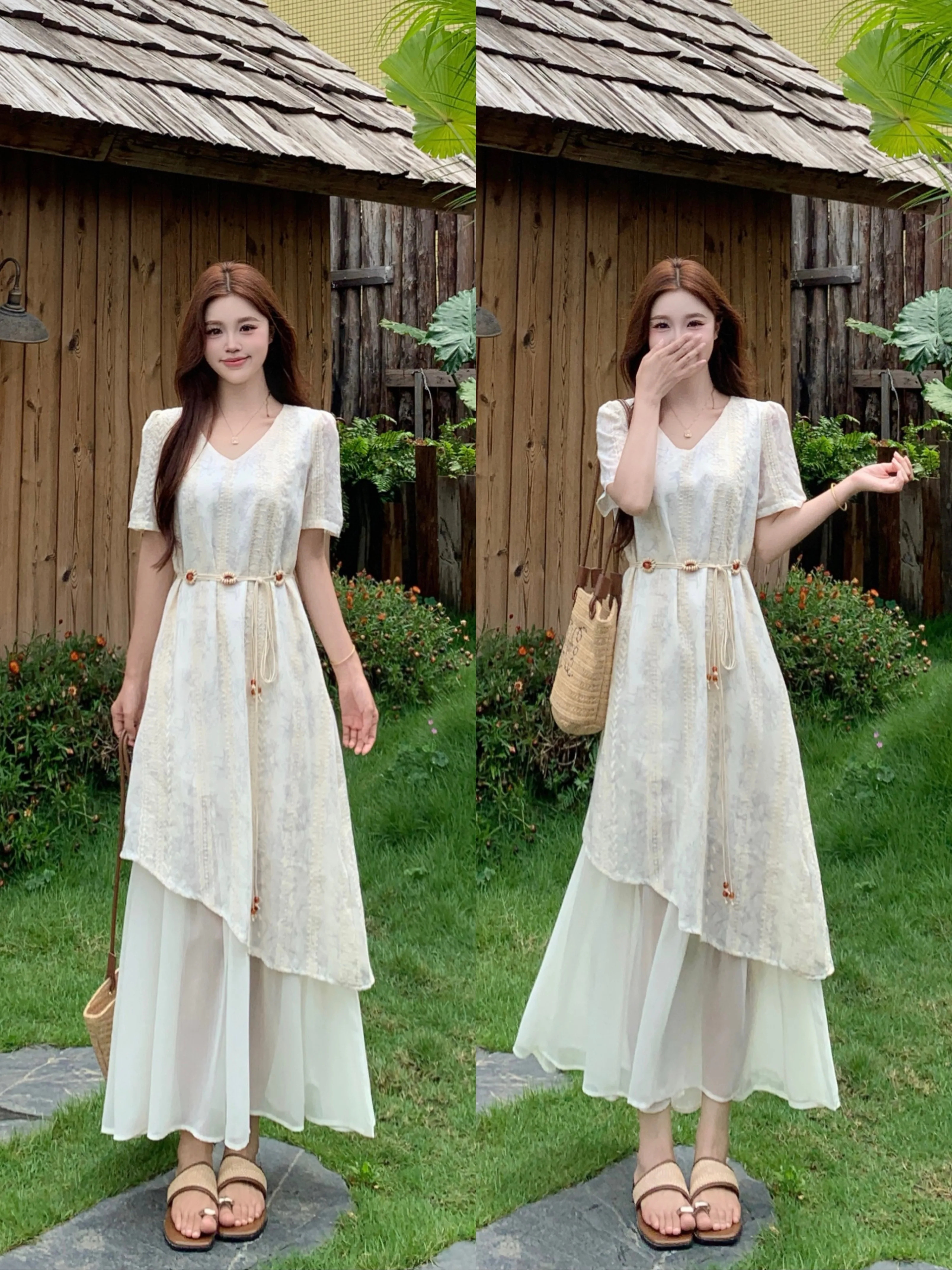 

Summer 2026 plus Size Bohemian Style Wrap Dress Women's Fashion Slimming Long Dress High Waist Short Sleeve V-Neck A-Line Skirt
