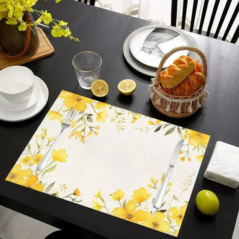 VIKAMA Placemat Yellow Flowers Green Leaves, Waterproof Oil-Proof Heat-Resistant Woven Dining Table Mat for Home