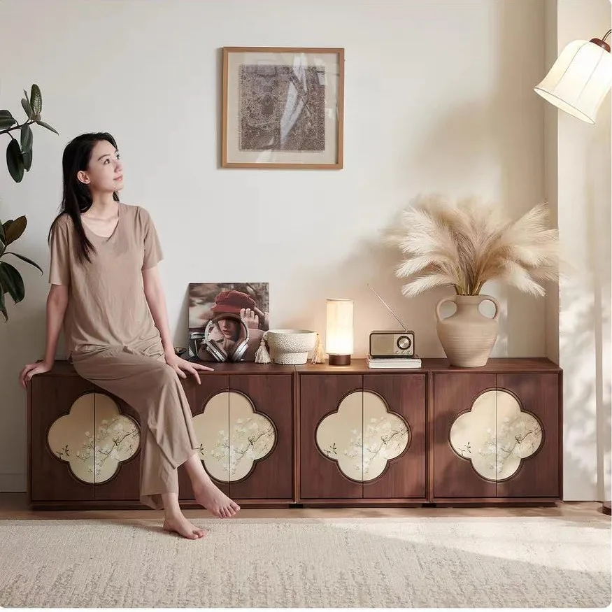New Chinese style all-solid wood storage card door cabinet stacked storage combined cabinet in black walnut entrance cabinet
