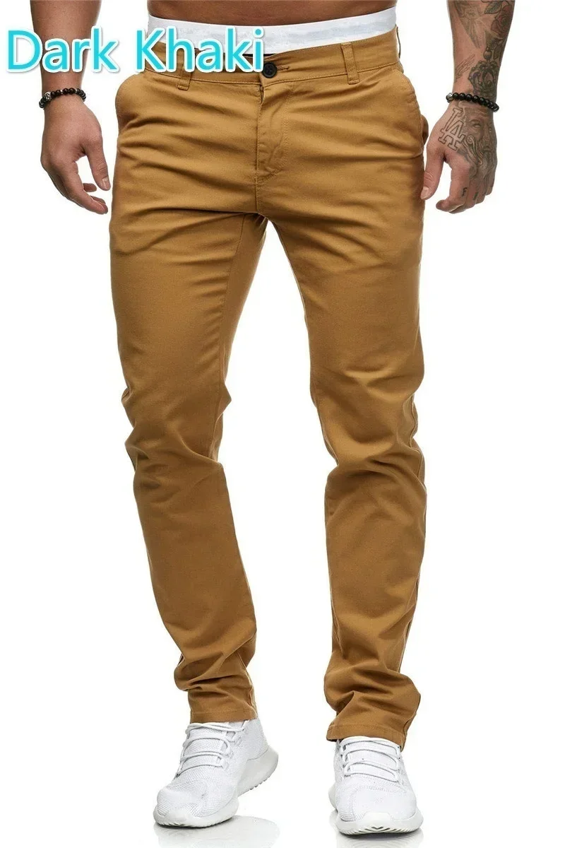 Mens skinny casual Pants Button Zipper Pocket Solid Color Straight Pencil Suit Pants Slim Fit Mens Trouser