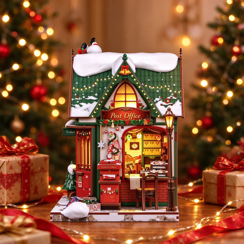 Christmas Gingerbread House DIY Wooden 3D Puzzle Miniature Building Kit with LED Light Desk Decor Gift for Kids Home Decor