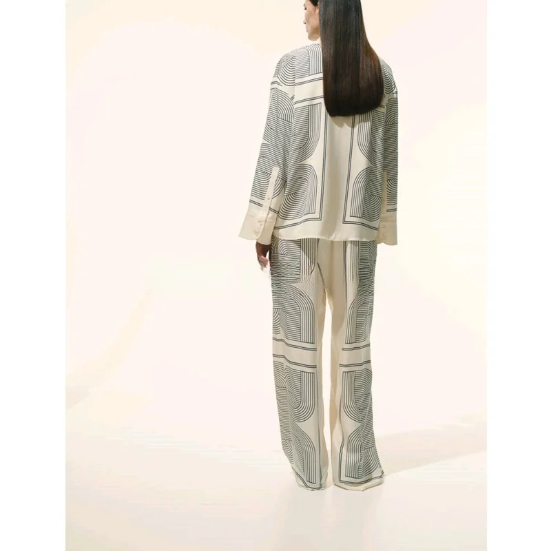 Celana panjang lurus pinggang tinggi bahan campuran linen tenun diagonal motif bunga longgar, set busana wanita premium