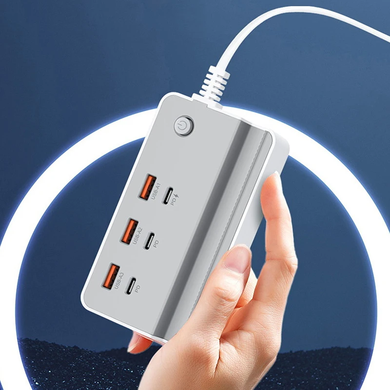 6 In 1 35w Desktop Power Strip With 3 USB 3 Type C Ports Phone Holder Fast Charging Multiple Charging Port For Tablet Laptop