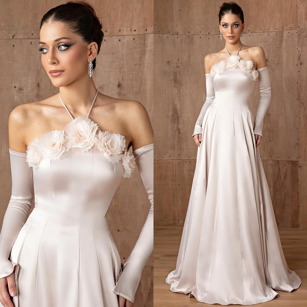 

Роскошное атласное вечернее платье по индивидуальному заказу, современные платья с лямкой на шее и цветами, платья для выпускного вечера без рукавов, платья со шлейфом для особых случаев