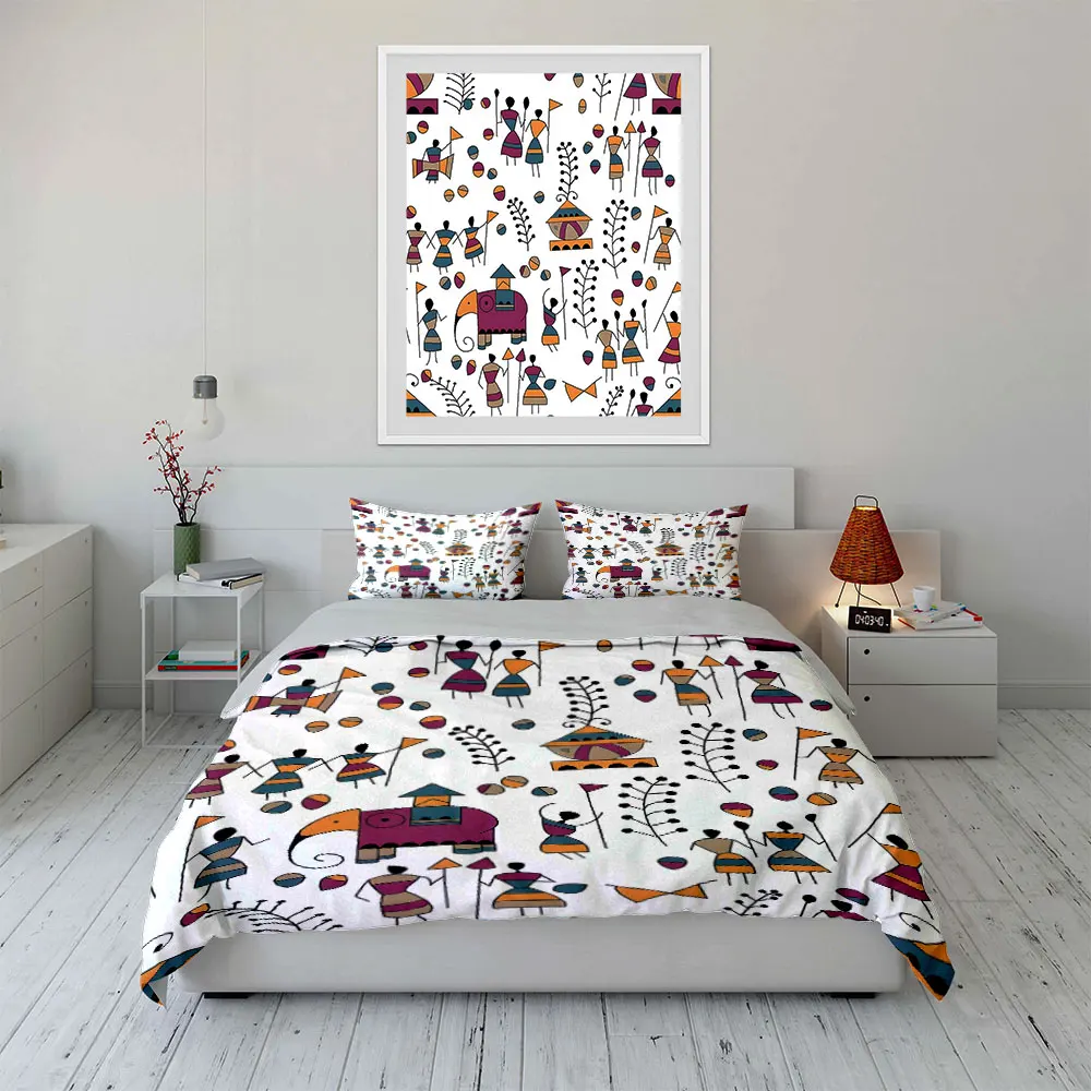 Vibrant folk art pattern with elephant Print Soft Comfortable Duvet Cover Bedding Set Included 1*Duvet Cover  2*Pillowcases