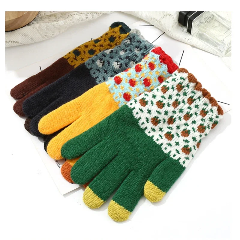 Cute Vintage Colorful Flower Knitted Hand Gloves Women Girl Touch Screen Thick Wool Warm Glove Winter Ski Ride Windproof Mittens