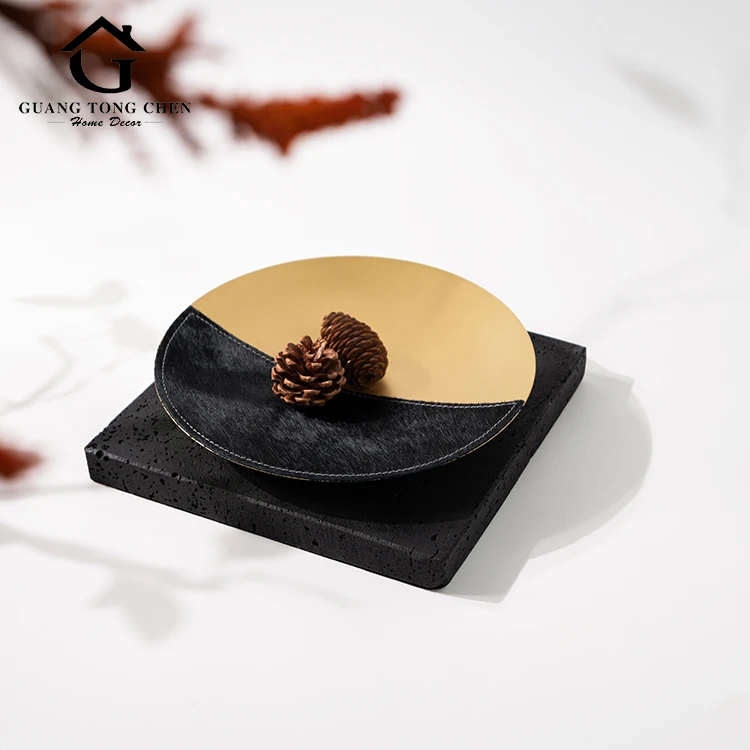 Modern Desktop Decoration Living Room Office Stone Metal Dry Fruit Plate Ornament Color Blocked Cave Stone Base Fruit Tray