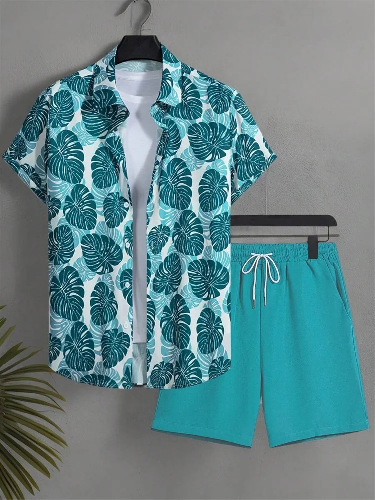 

Fashionable And casual, men's short-sleeved Shirt set, Blue Tropical Plant Printed solid-color Shorts