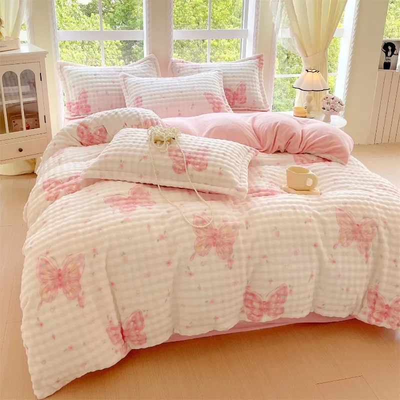 2025 New Printed Class A Rabbit Plush Milk Plush Four-piece Winter Thickened Warm Sheet Student Dormitory Bed Kit