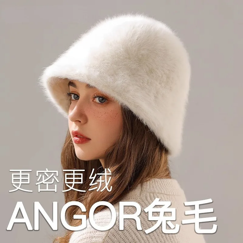 Plus Size Rabbit Fur Bucket Hat - Winter Warm Fisherman Cap for Large Head, Face Framing Women's Beanie