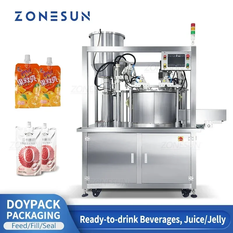 ZONESUN التلقائي Doypack حقيبة بلاستيكية تغذية هلام المشروبات المنظفات التعبئة والتغليف مع آلة تعبئة السد المؤازرة الناقل