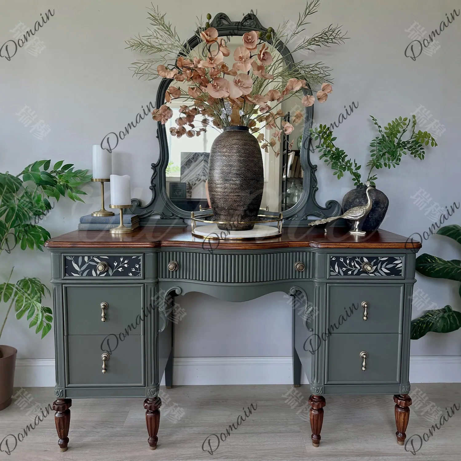 French retro color matching dark green dresser American light luxury solid wood storage cabinet small apartment bedroom