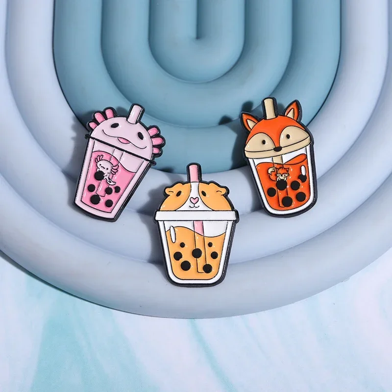 Cartoon Animal Pearl Bobo Milk Tea Enamel Pin Cute Hippo Fox Frog Dog Cup Brooches Lapel Backpack Badges Jewelry Pin Wholesale view 5