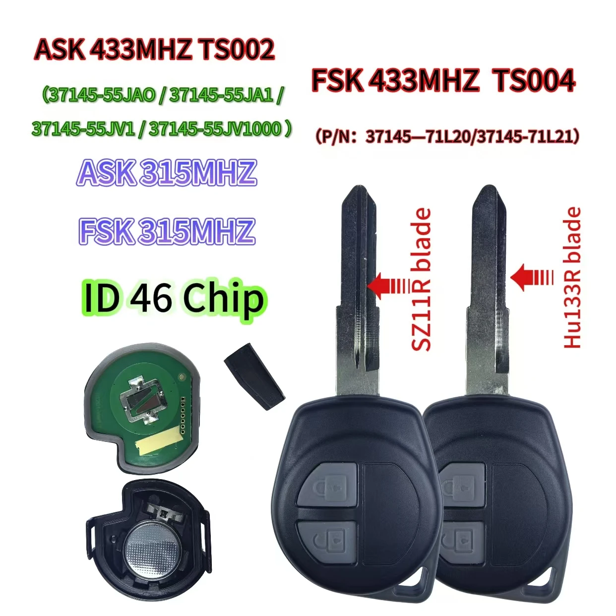 

Jingxin ID46 Chip 315/433 ASK/FSK Car Remote KBRTS004 Key/shell For Suzuki Swift SX4 Vitara Jimny Vitara Alto Grand Ignis Splash
