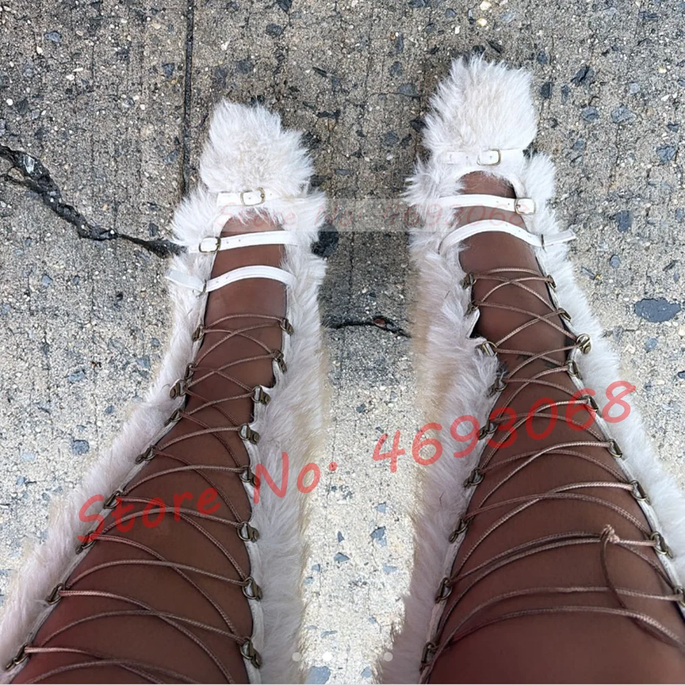 Front Cross Tied Fur Knee High Boots Women Stylish Buckle Strap Furry Cutout Boots Autumn Round Toe White High Heel Chic Shoes
