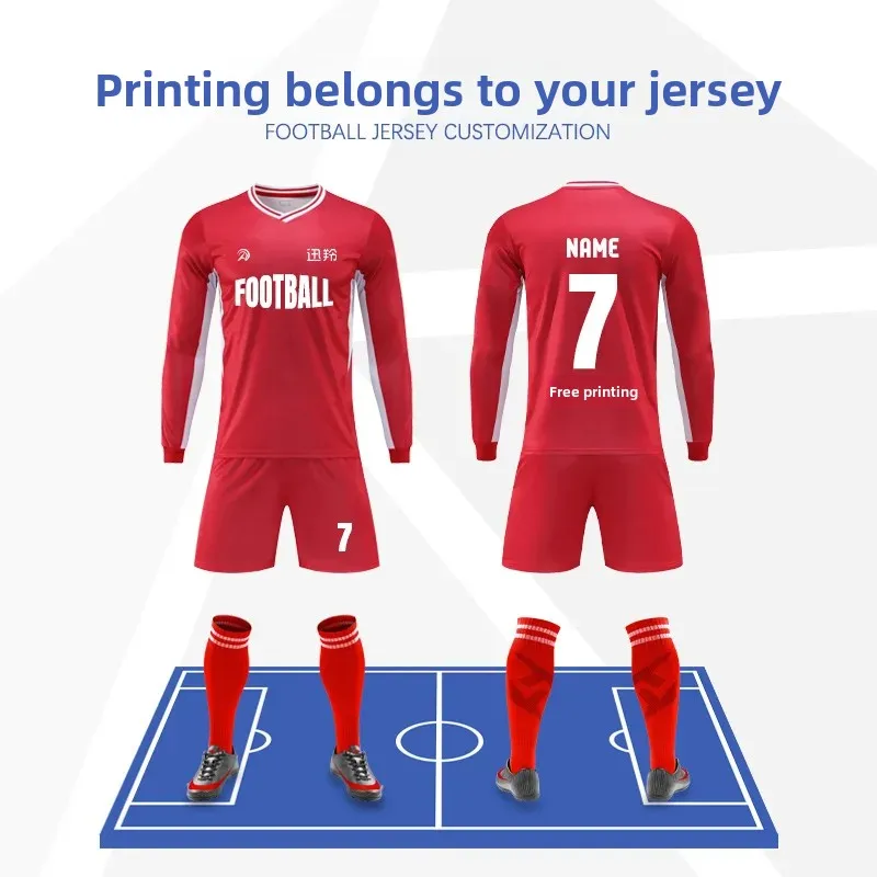 طقم كرة قدم بأكمام قصيرة وأكمام طويلة، ملابس رياضية خفيفة الوزن قابلة للتخصيص من الجيرسيه