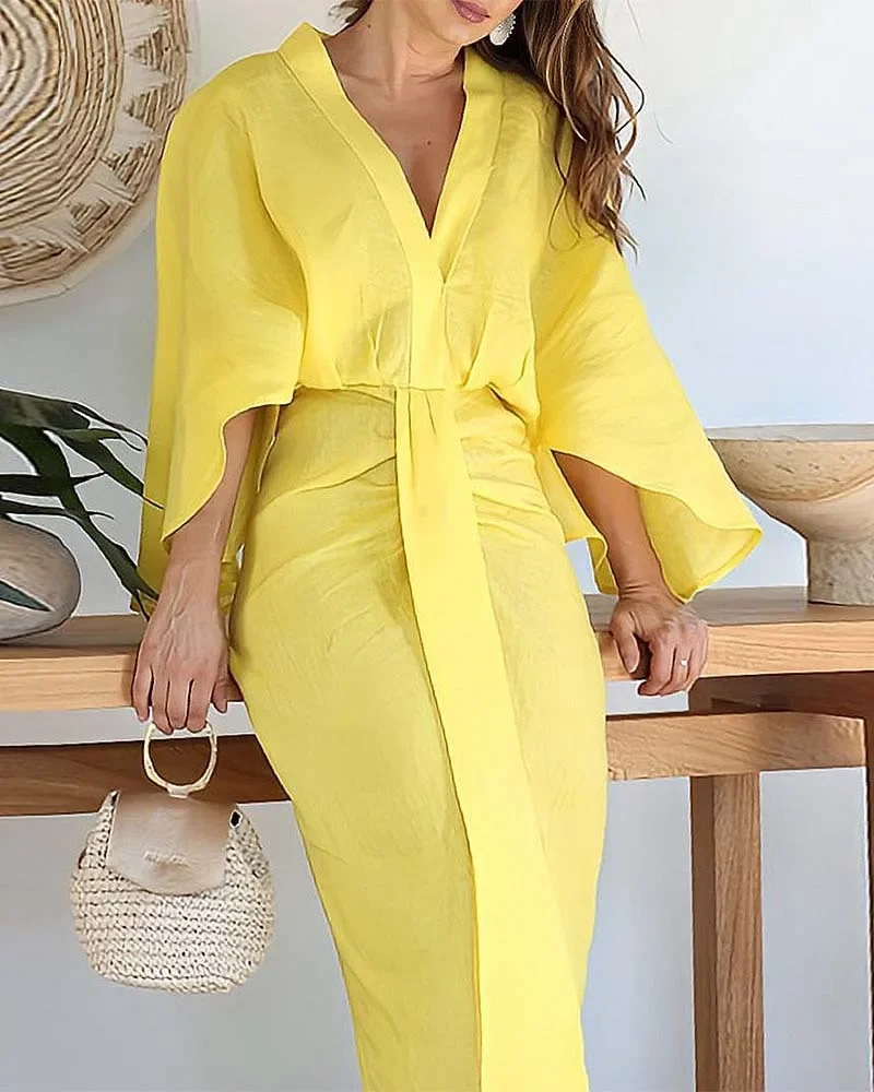 Women Chic Plunge Batwing Sleeve Pleated Dress Casual Loose V-neck Irregular Hem Vestidos 2024 Summer Lady Elegant Robes