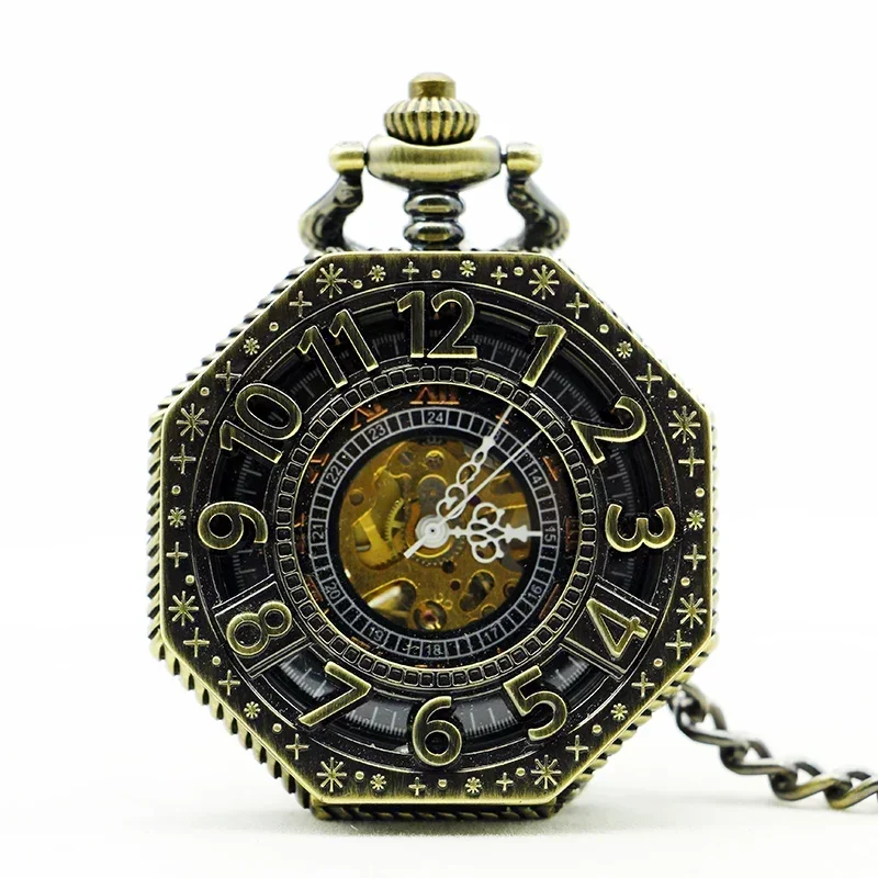 New Arrival Bronze Hunter Mechanical Hand Winding Pocket Watch Vintage Arabic Numerals Display Skeleton Pendant Pocket Clock