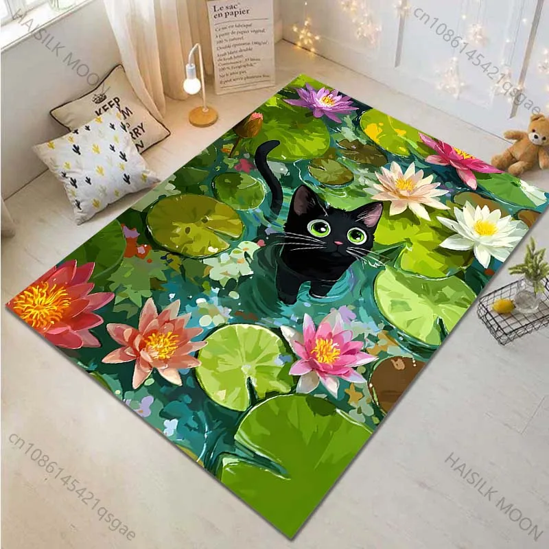 Multiple sizes Black cat in lily pond Carpet for Living Room Bedroom Sofa Home Decor Rus Non-slip Floor Mat Luxury Gift