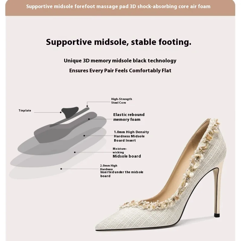 Spring new shallow cloth leather stitching low-heeled beaded shoes thin high-heeled banquet large size small size women's shoes