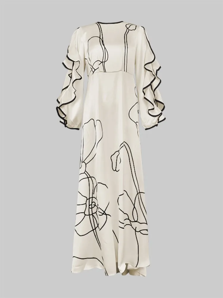 Yeezzi Women Elegant Falbala Party Evening Maxi Dresses 2025 New Ruffled Sleeves Loose Flower Printed Urban Office Long Dress