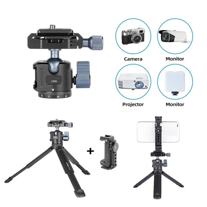 Universal Tripod Ball Pan-Tilt Quick Release 360° Ball Pan-Tilt W Arca +Cold Shoe Mount For DSLR Camera Tripod Monitor