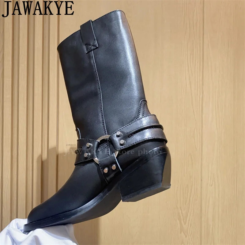 Black Genuine Leather Chunky Bottom Ankle Boots Women Wedges Heels Chelsea Mid Calf Boots Runway Fashion Week Punk Boots femina