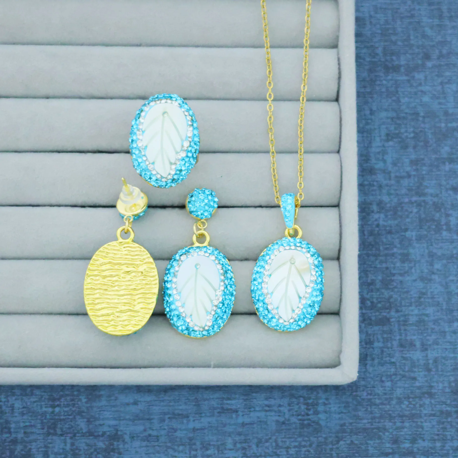 Natural shell fritillary hand-carved leaves DIY European and American personality fashion earrings necklace ring set - view 5