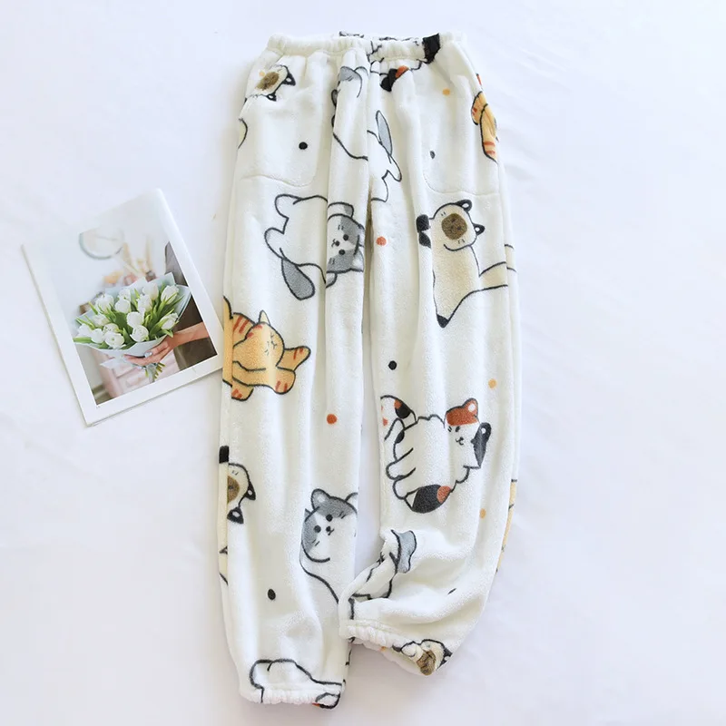 Winter Pajama Pants Women Coral Velvet Homewear Cute Sleep Bottoms Thick Warm Flannel Home Pants Female Plus Size Loose Trousers