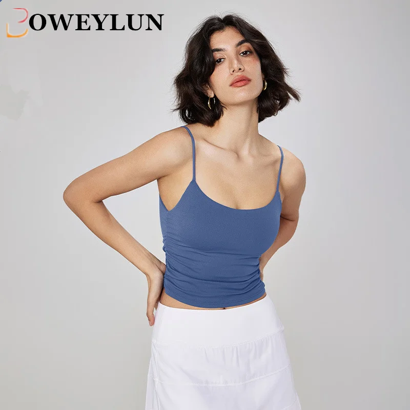 BOWEYLUN Nude Sports Solid Color Tank Top Women With Bra Pad Comfort Vest Top Women Pleated Fitness Camisole Yoga Bra Female