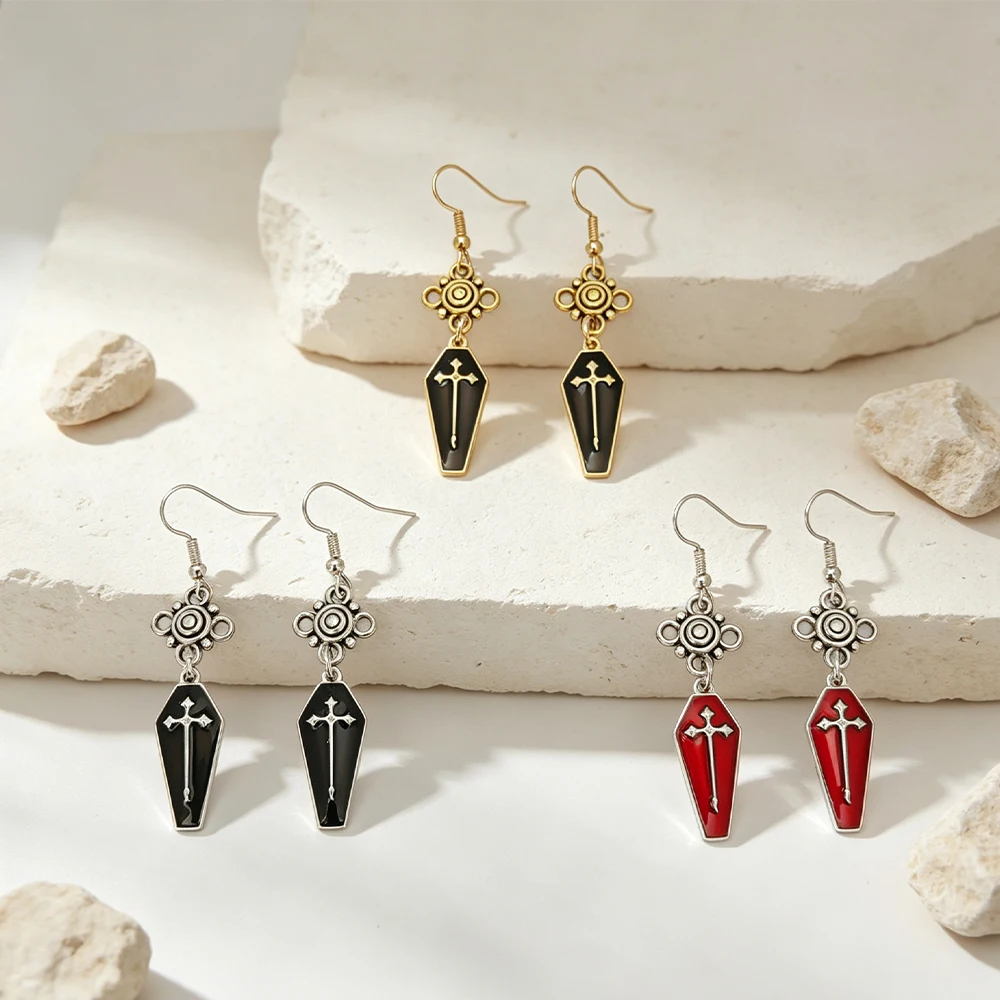 Gothic Coffin Cross Oil-Drip Ear Hooks, Dark Punk Style Dangle Earrings, Halloween Accessories