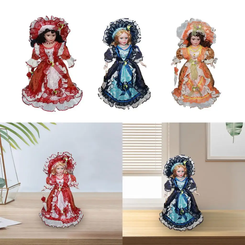 Woman Ceramic Doll Miniature Porcelain Figures with Hat, Beautiful