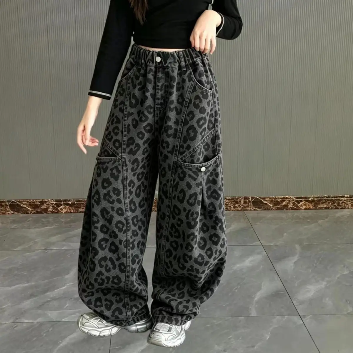 Pants Girls Leopard Print Wide Leg for Autumn and Winter Stylish with Large Pockets Elastic and Versatile Work Pants